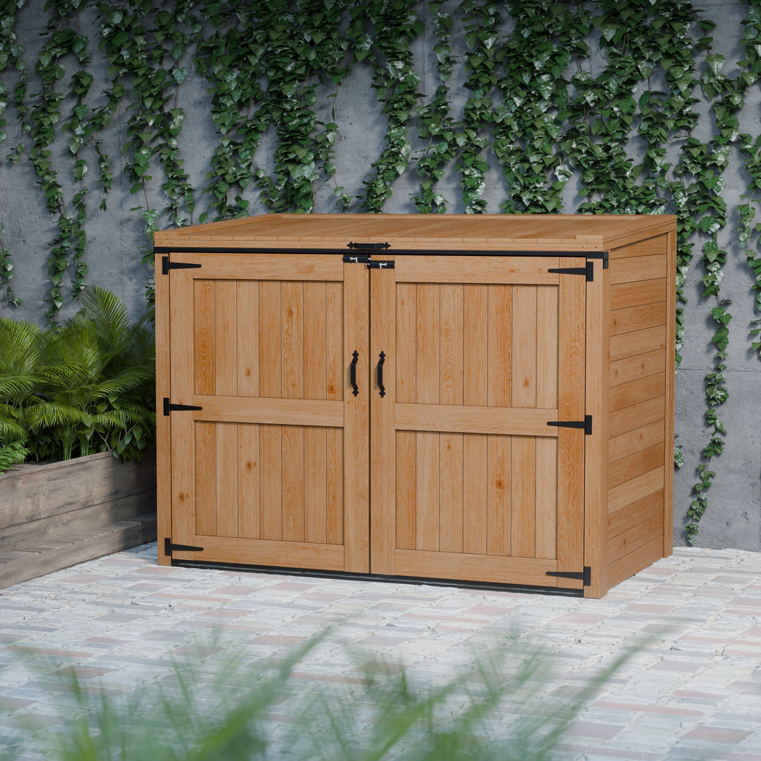 Garbin | Large 6 ft. x 3.5 ft. | Solid Cedar Wood | Heavy Duty | Trash Can & Recycling Bin | Horizontal Storage Shed | with Double Doors & Lid | with Protective Finish | 21 sq. Ft.