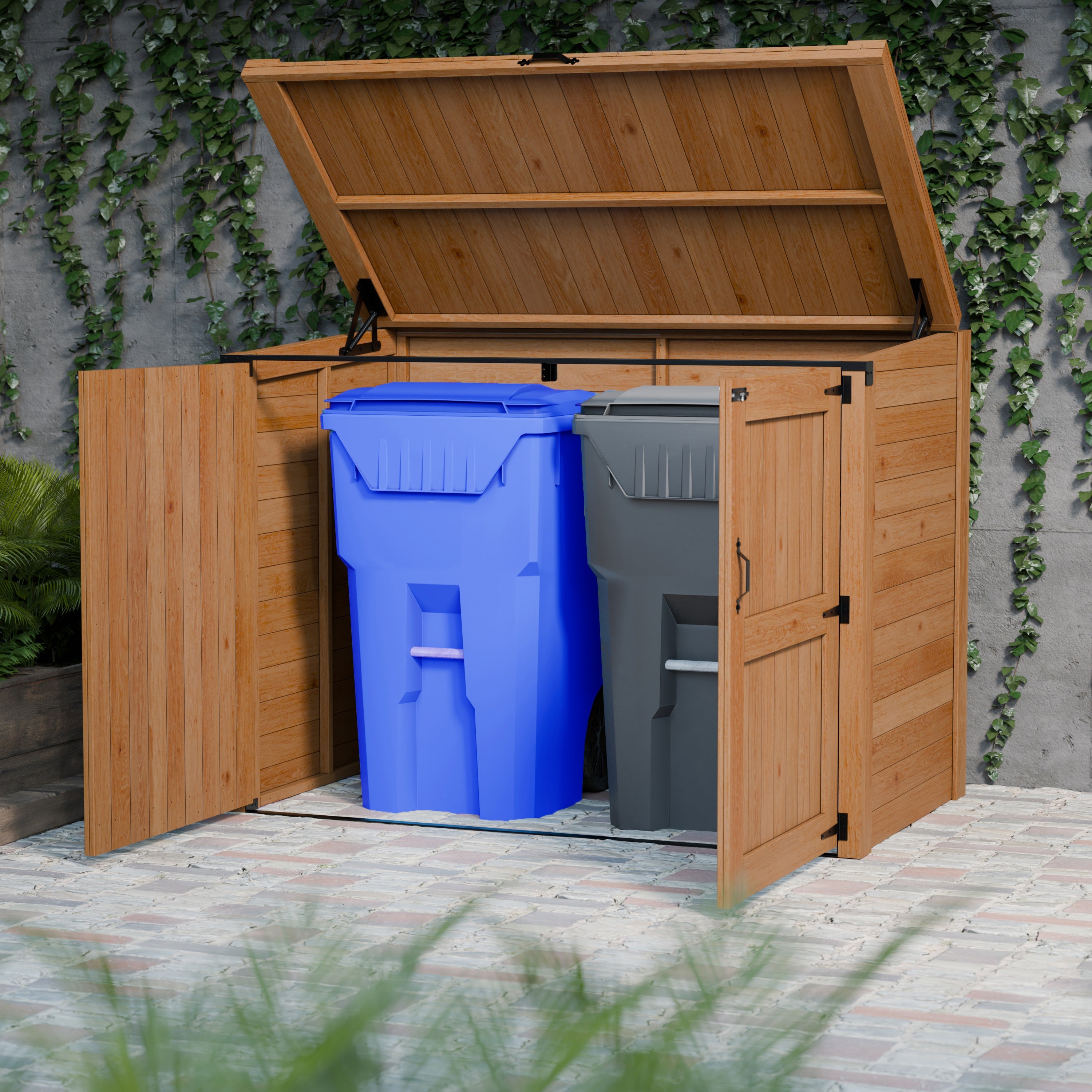 Garbin | Large 6 ft. x 3.5 ft. | Solid Cedar Wood | Heavy Duty | Trash Can & Recycling Bin | Horizontal Storage Shed | with Double Doors & Lid | with Protective Finish | 21 sq. Ft.
